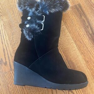 Black Faux Fur Wedge Boots